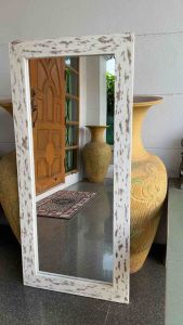 กระจกติดผนัง ขนาดใหญ่ กระจกห้องน้ำ ห้องนอน ขัดสีขาว กรอบกระจก ไม้สัก 55x120x2.5cm งานทำมือ Rustic Large Mirror Wood Frame in White Washed