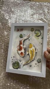 ภาพวาดปลาคราบคู่ ปลามงคล ขนาด 5x7นิ้ว พร้อมกรอบกระจก แขวนได้ตั้งได้ ภาพวาดสีน้ำ