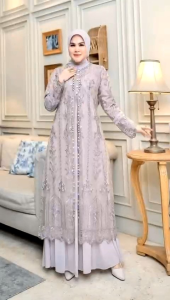 Leaid Store - Safira Dress Ceruty Full Furing Mix Payet Mutiara Plus Outer Full Brokat Terpisah Mewah Jumbo 3XL 4XL Terbaru 2025 Viral Gamis Hari Raya Wanita Dewasa Gaun Remaja Kekinian