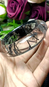 (Certificate) Natural Black Rutilated Quartz Crystal Stone bangle 54mm (附证书)纯天然稀少黑碧玺发晶透体水晶手镯 54mm