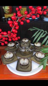 Bộ Ấm Chén Thượng Tân Kiều Gấm Vàng - Bộ Ấm Trà Bát Tràng Men Hoả Biến Cao Cấp