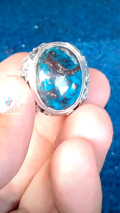 CINCIN BATU PIRUS PERSIA WARNA BIRU SOLID NATURAL RING PERAK UKIR