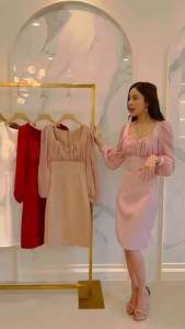 ชุดเดรส F208 ชุดออกงาน ราตรี กระโปรงสั้น มอสเครปหนา