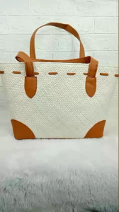Tas kepang sulam strip/Tas anyaman pandan tas Tote estetik