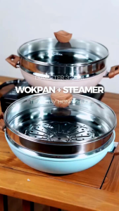Wokpan 32CM + Glass Lid + Granite Steamer Non Stick / Alat Masak Wok dengan Panci Kukus Granite Anti Lengket