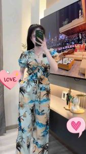 ชุดเซท 2 ชิ้น ลายวิวทะเล ชุด summer เสื้อแขนรัดรูดหน้า+กางเกงขายาว ฟรีไซร์ เนื้อผ้าผ้าไหมอิตลี นิ่มใส่สบาย
