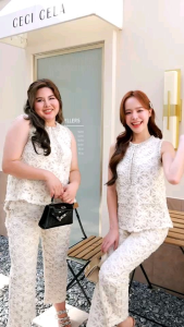 น่ารักน่าใจ สวยหรูแบบลูกคุณ  ชุดSet เสื้อแขนกุดผ้าลูกไม้ลาย แต่งมุกที่ช่วงคอและแขน ชุดนี้คืองานสวยออกงานได้เลยคะ   𝑪