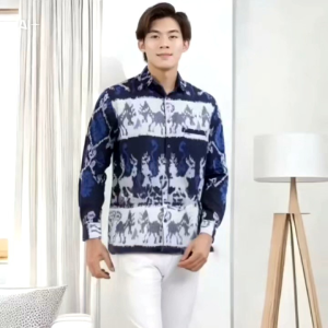 Setelan Couple Tenun Modern Motif Etnik Biru Putih