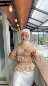 Pamela Blouse Kerut - Atasan Wanita Casual Motif Kotak