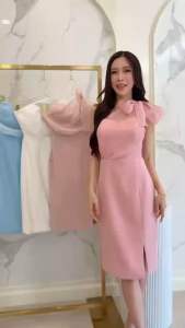 ชุดเดรส ชุดออกงาน ชุดราตรี FP048 งานพรีเมี่ยม เกาะอกสั้น ผ้าออแกนดี้ผูกโบว์ไหล่