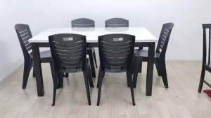 EWJ M3660 Laminate Mable Dining Table+Plastic Chair Dining Set 1+6 Meja Makan Murah Cantik Morden / Kopitian Dining Set 6seater