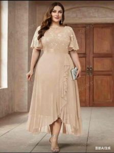 Kaixin Plus V Neck Contrast Sequin Chiffon Ruffle Hem Formal Party Long Dress Elegant Wedding Guest Dress For Birthday Graduation Homecoming Evening DressGown