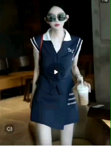 College style fashion sports suit for women summer new style polo collar sleeveless t-shirt top half skirt two-piece suit