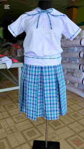 Joenel Sailor Collar Blouse Ribiti/Sky Blue Checkered Skirt Box Pleats School Uniform Individual Price