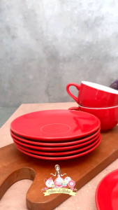 Cangkir lepek keramik 12 pcs polos merah putih with gift box