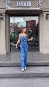 LNBU8052 จั้มเกาะอกกางเกงยีนส์ทรงกระบอก แต่งขาดๆเซอร์ๆ เท่ๆ ผ้าหนา นุ่ม มีน้ำหนัก