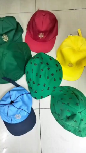 Boy Scout Uniform Accessories: Caps in Blue Red Yellow Green Brown Belt with Gold Buckle Neckerchief in Yellow Green Red Black Shoes.