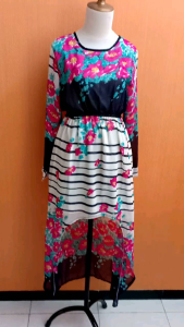mini dress wanita cream motif bunga pink GONG JOO cewek S M lengan panjang pinggang karet cute