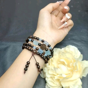 Q958 Chuỗi 4v Trầm Sánh 6li mix 2 lu thống 2 tỳ hưu Aquamarine + charm hoa sen Trầm Sánh ORD VIP - Phong Thuỷ TUDO