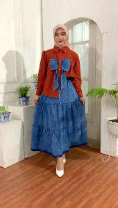RIBBON ONESET BUFFI SETELAN ROK WANITA DEWASA KOREAN STYLE SETELAN ROK JRANS WANITA.LD 115 CM