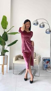 (ALLSIZE/BIGSIZE) - Hazel Velvet Bodycon Dress | Dress Pesta Wanita | Slit Dress Wanita