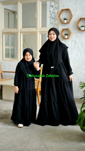 Baju Gamis Abaya Hitam Polos Wanita Muslim Couple Ibu & Anak: Set Hijab Premium