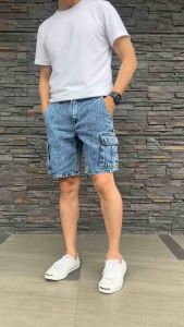 TPPJEANS Cargo Shorts Denim กางเกงยีนส์ขาสั้นคาร์โก้ กระเป๋าข้าง สีบลูฟอกสโนว์ ทรงกระบอก ทรงสวย วินเทจ เป้าซิป Size 28-36 รับชำระปลายทาง