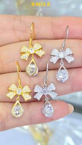 ต่างหูเงินแท้ 92.5% ลายโบว์หยดน้ำCZ ตะขอเกี่ยวตุ้งติ้ง ชุบทอง18k ชุบทองคำขาว