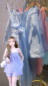 ชุดเซตลายริ้ว เสื้อสายเดี่ยวสายปรับได้+กางเกงมีเป๋าข้าง เซตสุดคุ้ม