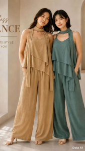 3233DZ Womens Korean Layered Co-Ord Set | Halter Top with Scarf + Wide Leg Pants