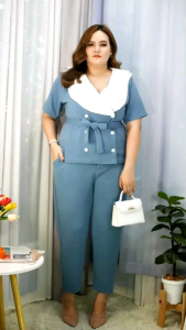 ชุดเซตสาวอวบ(พลัสไซส์)(ชุดเซตไซส์ใหญ่)ชุดเซต2ชิ้นเสื้อแต่งปก2ชั้น กระดุมหน้าแกะใช้งานได้จริง&กางเกงขายาว(ความยาวกางเกง38นิ้ว)