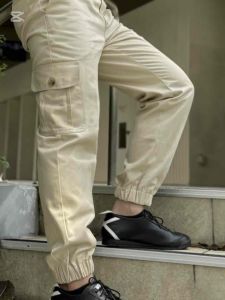 Beige men cargo pants slim side pocket regular fit