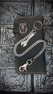 กระเป๋าหนังวัวแท้เหรียญคาบูกิ โซ่สแตนเลสแท้ จี้ตัวใหญ่ กระเป๋าใบยาว