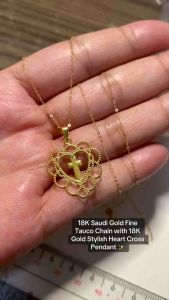 PAWNABLE 18K Saudi Gold Fine Tauco Chain with 18K Gold Stylish Heart Cross Pendant(manipislightweight)✨