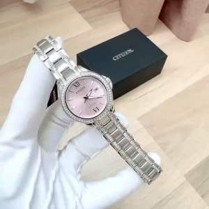 ĐỒNG HỒ NỮ CHÍNH HÃNG Citizen FE1230-51X Eco-Drive Womens Calendar Silver Stainless Steel Pink Dial Diamonds For Lady