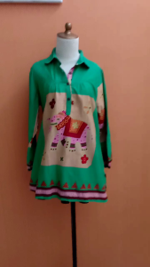 atasan kemeja wanita hijau motif gajah L XL blouse berkerah lengan panjang kerja kuliah tunik