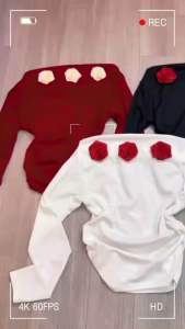 Áo trễ vai tay dài đính nơ hồngdưới 55kg ảnh shop chụp