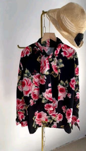 ●ECLAIRE● 0L8 Kemeja Silk Maxmara Tieneck Dasi Pita Longsleeves Motif Flower Floral Bunga Premium