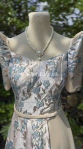 Modern Filipiniana Brocade Maxi Dress Beige Blue Cameron Design 5