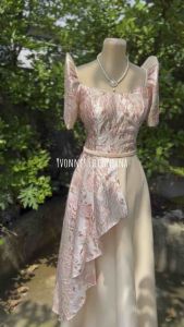 Modern Filipiniana Brocade Maxi Dress Beige Pink Cameron Design 4