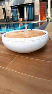 น้ำล้น น้ำผุด สีขาวหินอ่อน รุ่นCD#1 วัสดุทำจากดินเผา+ไม้ได้ยกชุด CD#1(แถมปั๊มน้ำ) ประกันสินค้าแตกระหว่างขนส่ง