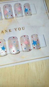 เล็บpvcเจลแท้สีลูกแก้ว เล็บปลอมพร้อมแปะฟรีกาวตะไบ เล็บเจลสีลูกแก้วเงินลายดาว