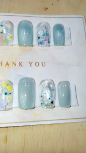 เล็บปลอมพร้อมแปะเซ็ตมือเท้า เล็บpvcเจลแท้ เล็บเจลแท้ฟรีกาวตะไบ เล็บเจลสีเขียวลูกแก้วดอกไม้