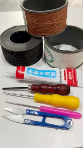 Paket Sol Sepatu - Benang Sol BESAR hitam Putih Cokelat + Jarum Sol Paten + Jarum Penusuk + Penyayat + Lem + Gunting