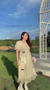 Đầm nữ Bigsize Babydoll tiểu thư tay phồng dáng xòe cổ vuông đính nơ dáng dài xinh xắn 55-90kg