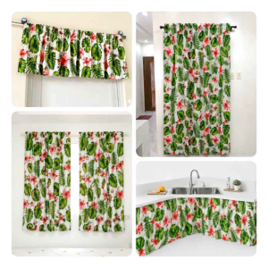 Jeremy design curtains with tropical floral pattern white background green leaves pink flowers suitable for kitchen and living room.