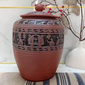 Thùng gốm đựng gạo sứ Bát tràng hoạ tiết Trống đồng 45 x 26 cm đủ 15 lít