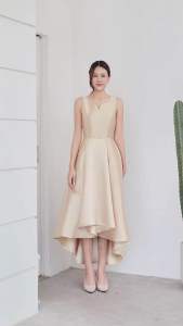 พร้อมส่ง LUXURY707 ชุดไปงานแต่งแขนกุด กระโปรงหน้าสั้นหลังยาว เข็มขัดถอดได้ (VO0171)