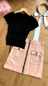 ●ECLAIRE● 043 Setelan Rok lengan Pendek Shortsleeves Motif Polos Korea Kasual Casual Mode Modis Trendy Santai Liburan Import xxibs