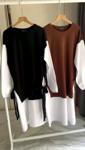 ●ECLAIRE● 043 Dress Midi Oversize Lengan Panjang Longsleeves 2tone twotone two-tone Kasual Kerja Korea Basic Mode Import 85525 (NO BELT)